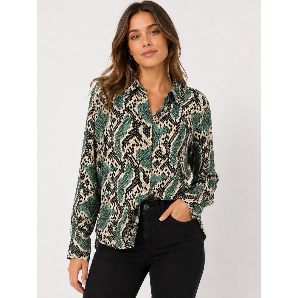 Topshop Snake Print Button Front Blouse Women's US‎ 10 Teal Animal Print